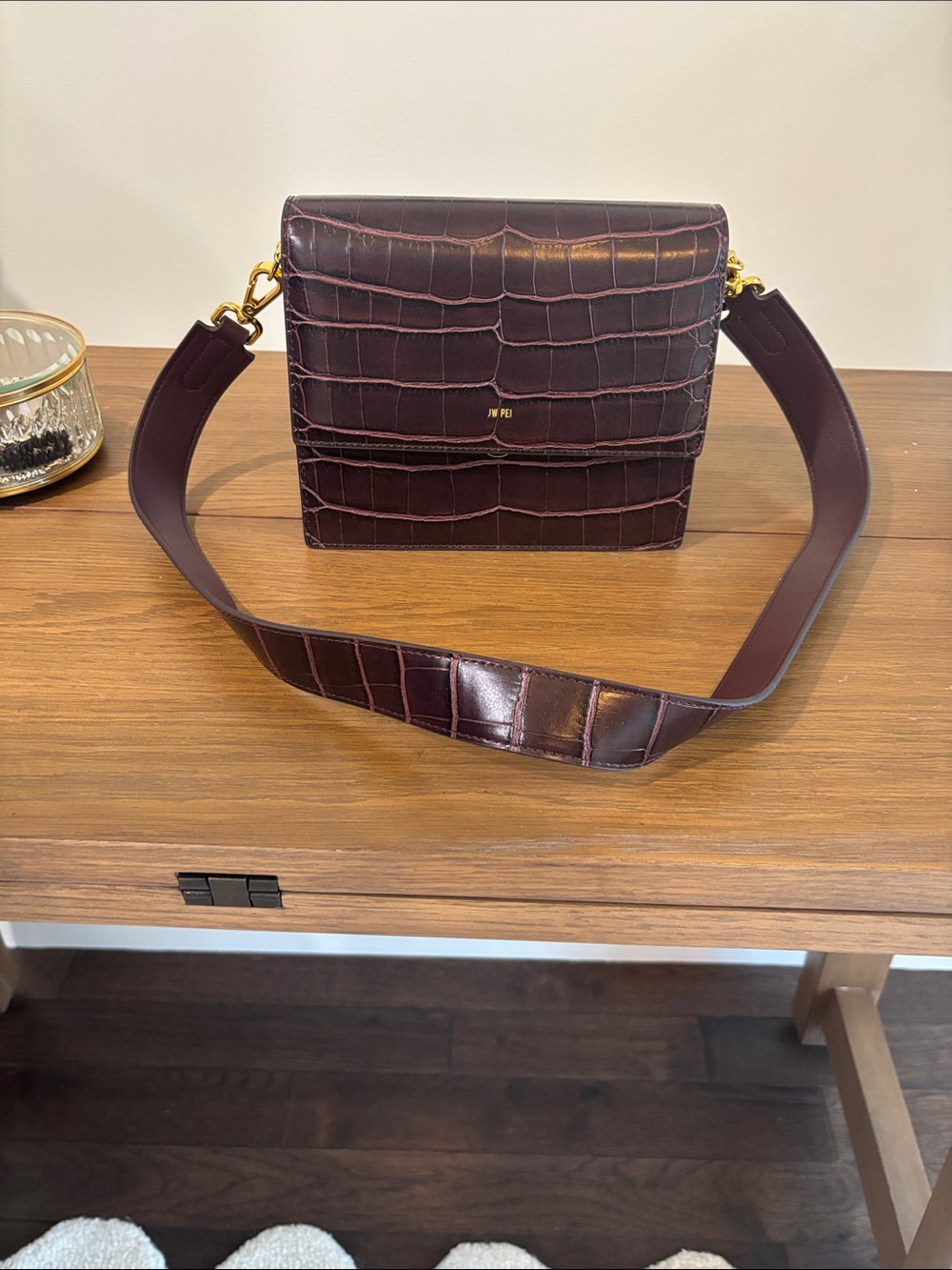 JW PEI Croc-Embossed Crossbody Bag in Deep Burgundy